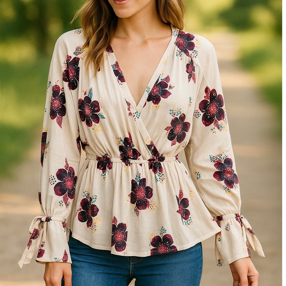Free People Tuscan Dreams Floral Wrap Blouse BohoPeplum Tie Sleeve Top Cream XS